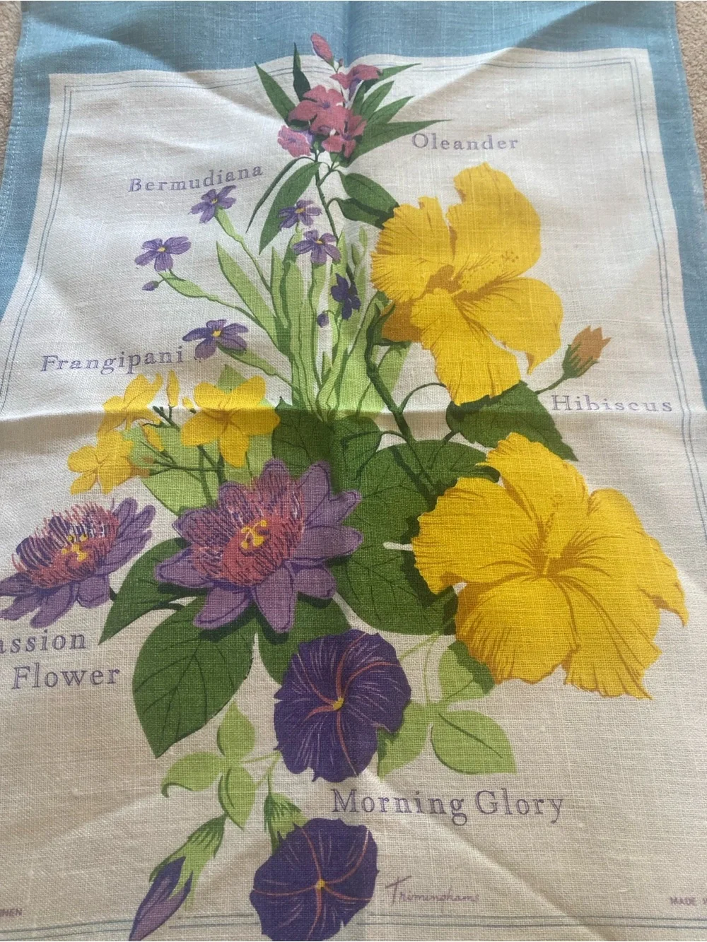 Vintage Trimingham’s Bermuda Tea Towel - 100% Irish Linen Floral Souvenir